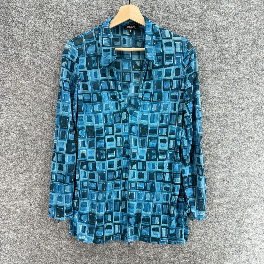 Kookai Shirt Women 1 Blue Geometric Collared Long Sleeve Pullover Casual